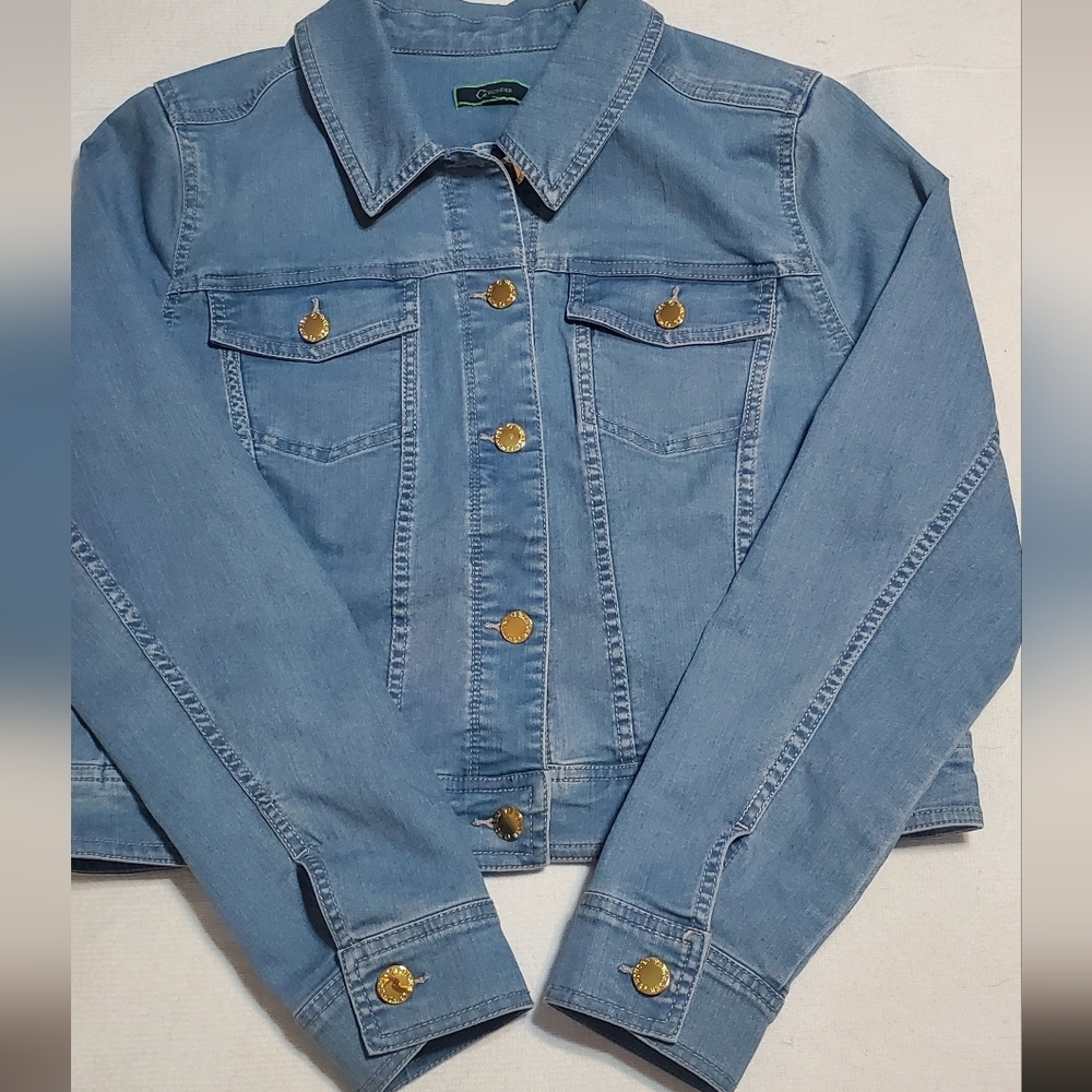 Classic Stylish Blue Denim Crop Jacket. Gold Accent Buttons. Sz L?